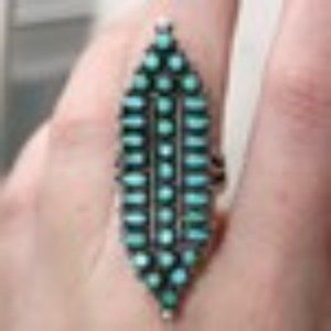 70's Zuni Needlepoint Turquoise Arrow Ring, Finger Shield